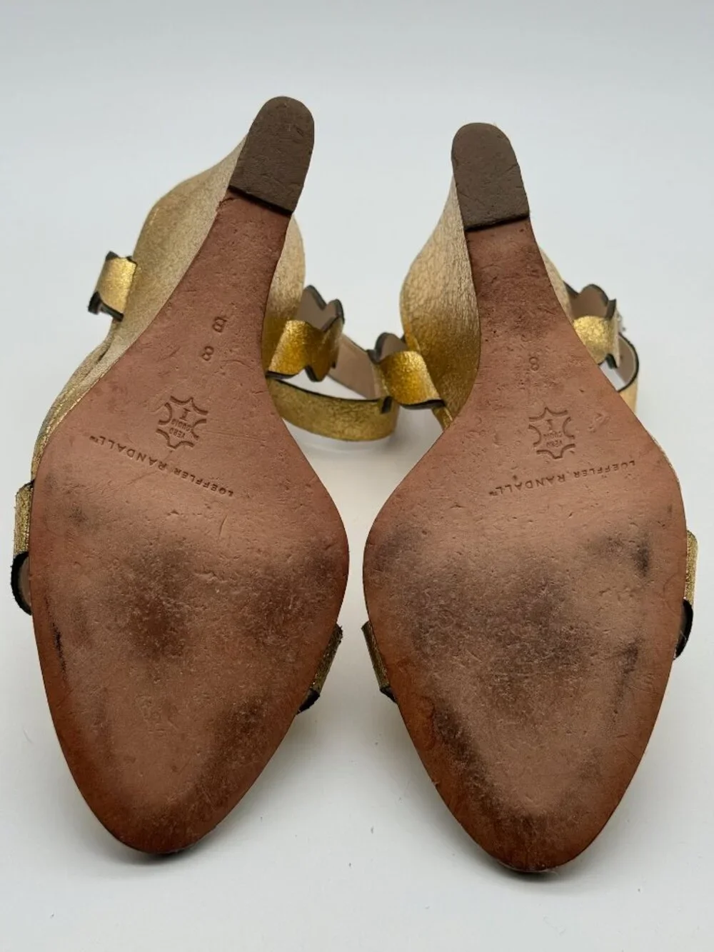 Loeffler Randall Piper Gold Metallic Scalloped Leather Wedge Sandals Size 8